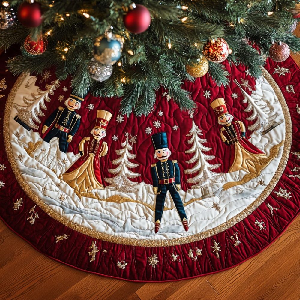 Nutcrackers In The Snowy Pines Christmas Tree Skirt — Custom Winter Scene Mat With Nutcracker Figures, Handcrafted Festive Décor