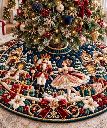 Nutcracker Gift Guard Holiday Tree Skirt — Premium Made-To-Order Christmas Skirt With Festive Gift & Guard Motifs, Plush Finish