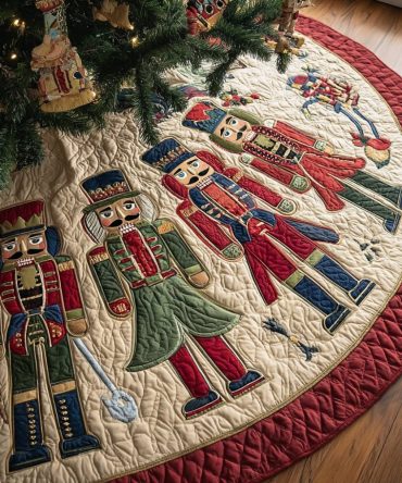 Nutcracker Row On Cream Quilt Christmas Tree Skirt — Custom Quilted Holiday Mat With Nutcracker Parade, Handcrafted & Cozy