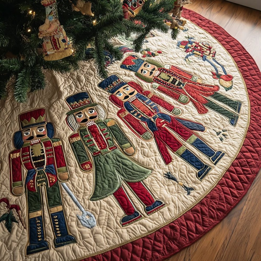 Nutcracker Row On Cream Quilt Christmas Tree Skirt — Custom Quilted Holiday Mat With Nutcracker Parade, Handcrafted & Cozy