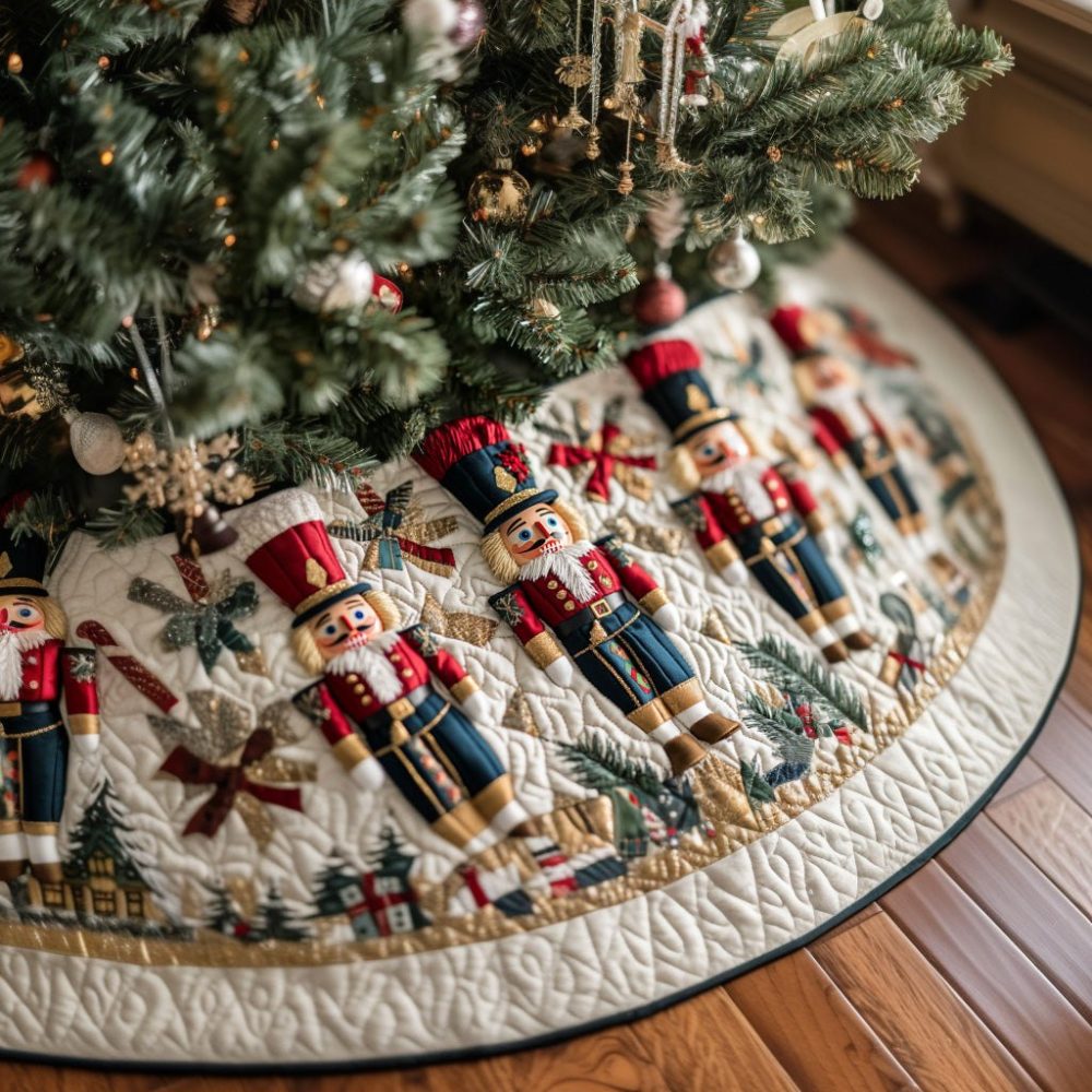 Ivory Toys Nutcracker Christmas Tree Skirt — Custom Ivory Ring Mat With Playful Nutcracker Toys, Handcrafted Holiday Centerpiece