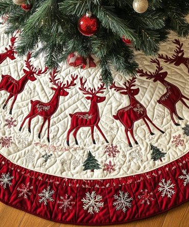 Reindeer Revelry Custom Christmas Tree Skirt — Handcrafted Festive Reindeer Design, Cozy Holiday Mat For Rustic & Classic Décor