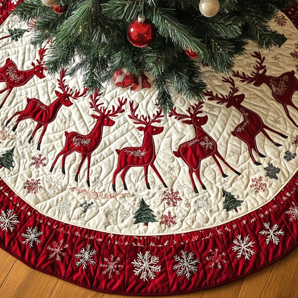 Reindeer Revelry Custom Christmas Tree Skirt — Handcrafted Festive Reindeer Design, Cozy Holiday Mat For Rustic & Classic Décor