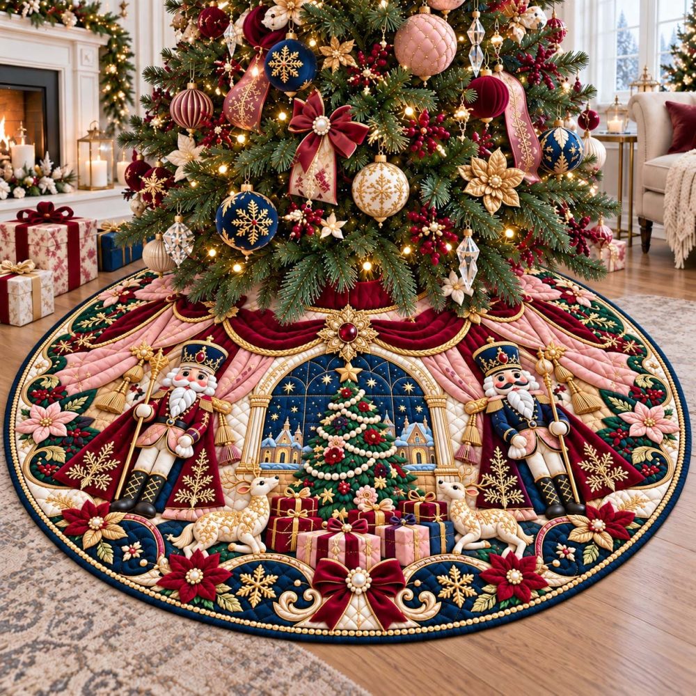 Nutcracker Snow Village Christmas Tree Skirt — Made-To-Order Festive Skirt With Snowy Village Scene, Premium Materials & Custom Sizing