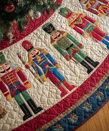 Crimson Guard Nutcracker Christmas Tree Skirt — Custom Band Embroidered Holiday Mat With Regal Soldiers, Handcrafted & Gift-Ready