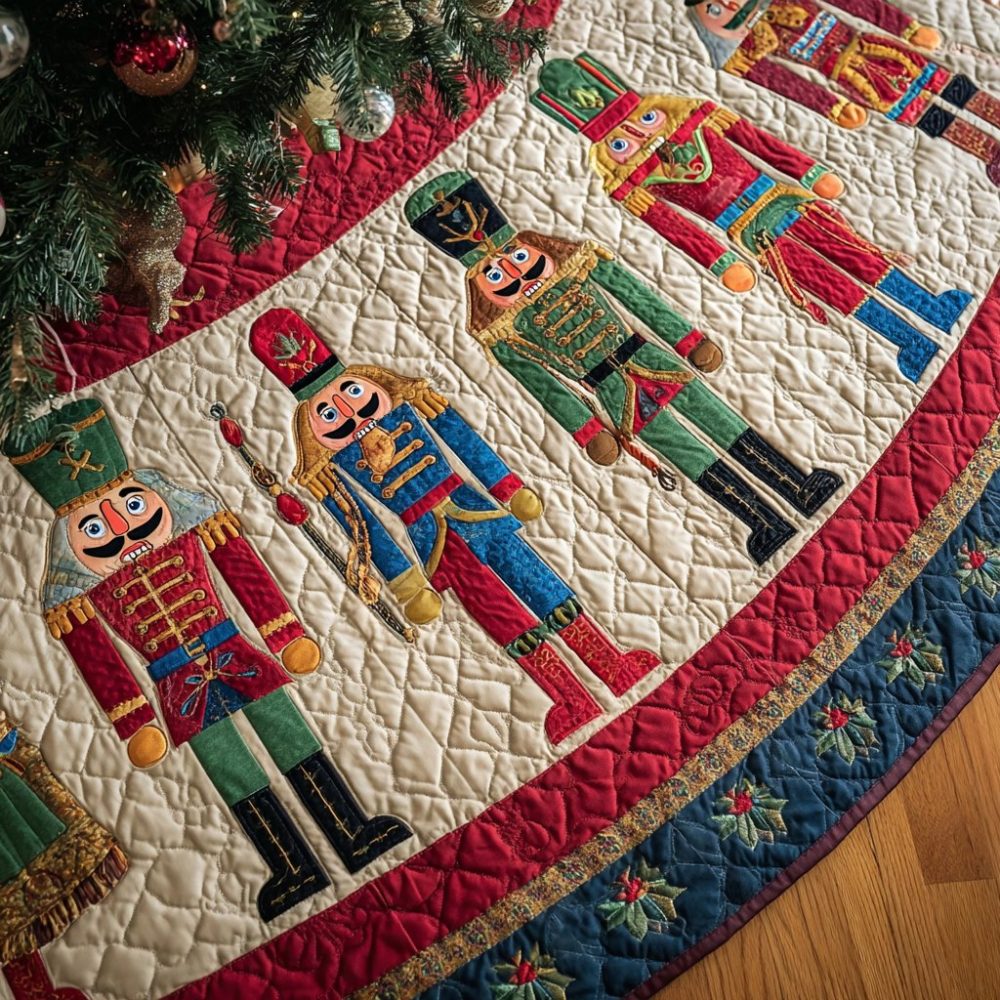 Crimson Guard Nutcracker Christmas Tree Skirt — Custom Band Embroidered Holiday Mat With Regal Soldiers, Handcrafted & Gift-Ready