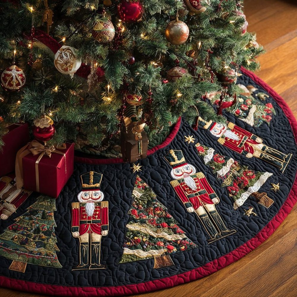 Navy Star Nutcracker Christmas Tree Skirt — Custom Navy Hem Mat With Nutcracker Row, Handcrafted Classic Holiday Accent