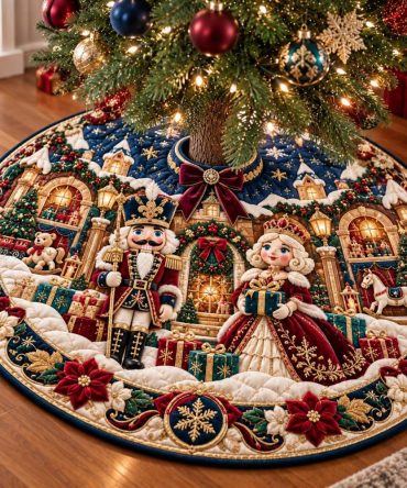 Nutcracker Toy Workshop Holiday Tree Skirt — Custom Made-To-Order Christmas Skirt Featuring Toyshop Artistry & Cozy Textures