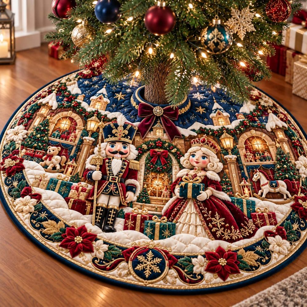 Nutcracker Toy Workshop Holiday Tree Skirt — Custom Made-To-Order Christmas Skirt Featuring Toyshop Artistry & Cozy Textures