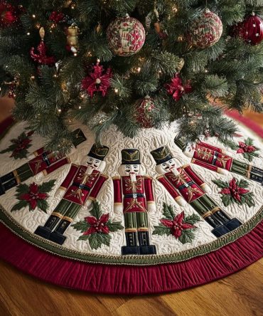 Nutcracker Whisper Custom Christmas Tree Skirt — Refined Music Box Nutcracker Design, Handcrafted Holiday Floor Mat, Personalized