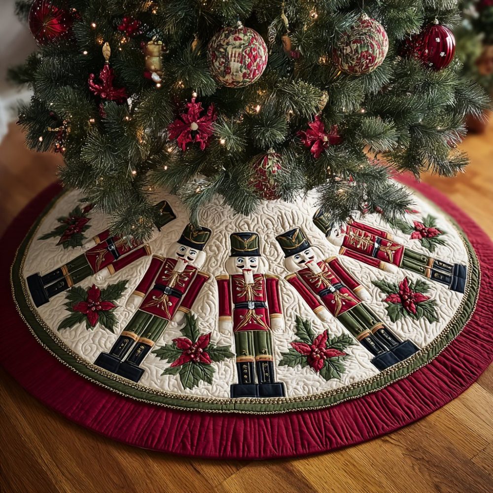 Nutcracker Whisper Custom Christmas Tree Skirt — Refined Music Box Nutcracker Design, Handcrafted Holiday Floor Mat, Personalized