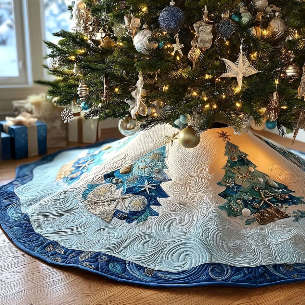 Ocean Frost Noel Icy Christmas Tree Skirt — Winter Coastal Holiday Skirt, Made-To-Order Quilted Design With Frosted Tones & Nautical Elegance