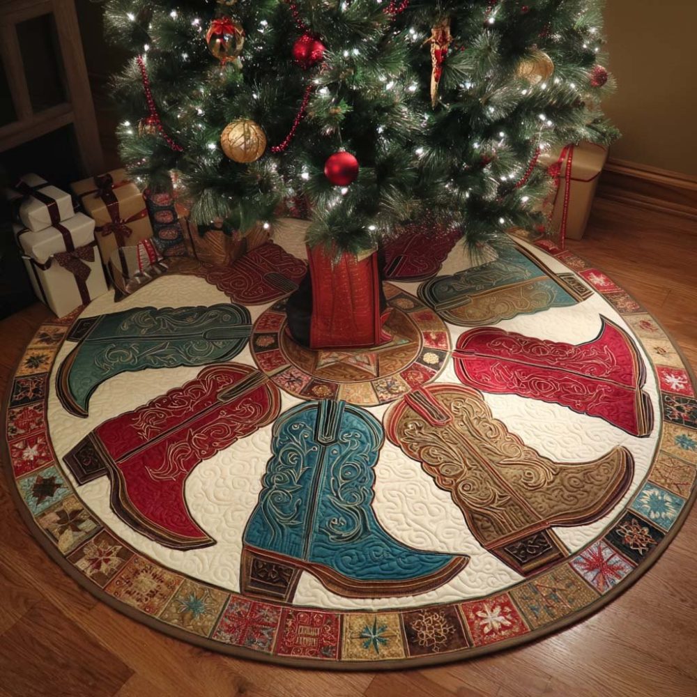 Open Range Western Christmas Tree Skirt — Rustic Cowboy & Ranch Holiday Skirt, Custom Quilted Design, Made-To-Order For Country Décor