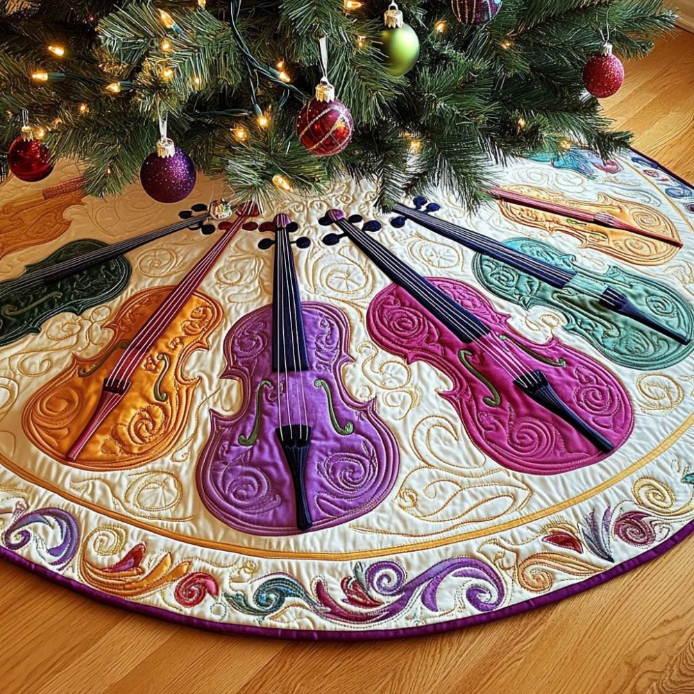 Orchestra'S Embrace Musical Christmas Tree Skirt — Made-To-Order Holiday Skirt With Musical Motifs, Quilted, Custom Sizes & Color Options