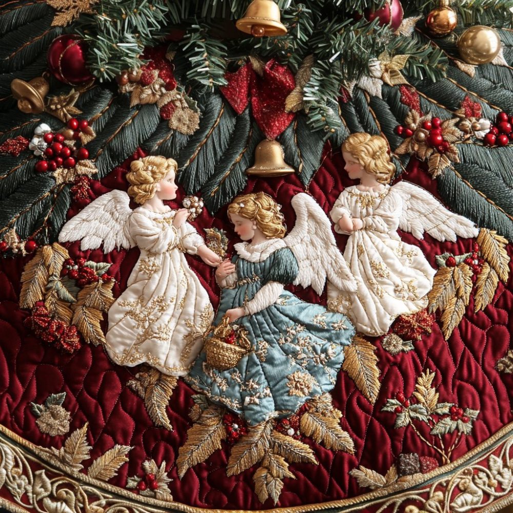 Of Heaven Elegant Christmas Tree Skirt — Luxurious Heavenly Motif Holiday Skirt, Custom Quilted Design, Made-To-Order For Refined Décor