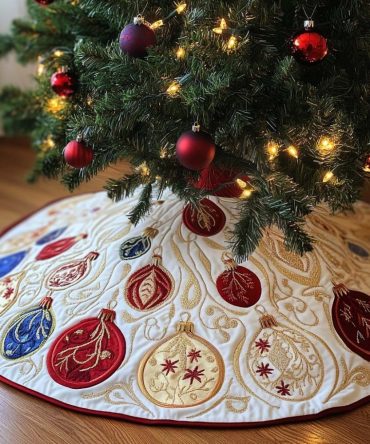Ornate Tradition Classic Christmas Tree Skirt — Heirloom Quilted Holiday Skirt, Custom-Made With Intricate Embroidery, Made-To-Order