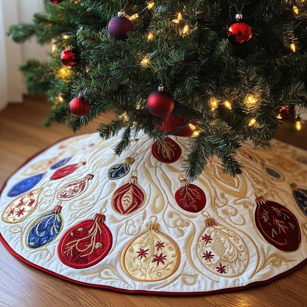Ornate Tradition Classic Christmas Tree Skirt — Heirloom Quilted Holiday Skirt, Custom-Made With Intricate Embroidery, Made-To-Order