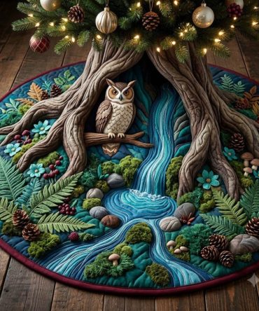 Owl Creek Holiday Tree Skirt — Rustic Owl & Woodland Design, Made-To-Order Christmas Accent For Cozy Cabin And Lodge Decor