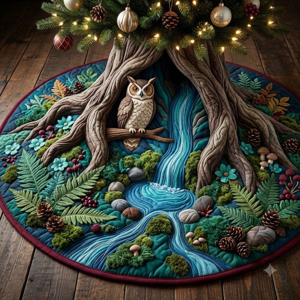 Owl Creek Holiday Tree Skirt — Rustic Owl & Woodland Design, Made-To-Order Christmas Accent For Cozy Cabin And Lodge Decor
