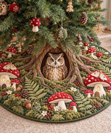 Handmade Owl Christmas Tree Skirt - Made-To-Order Rustic Holiday Tree Skirt With Embroidered Owls & Custom Sizes