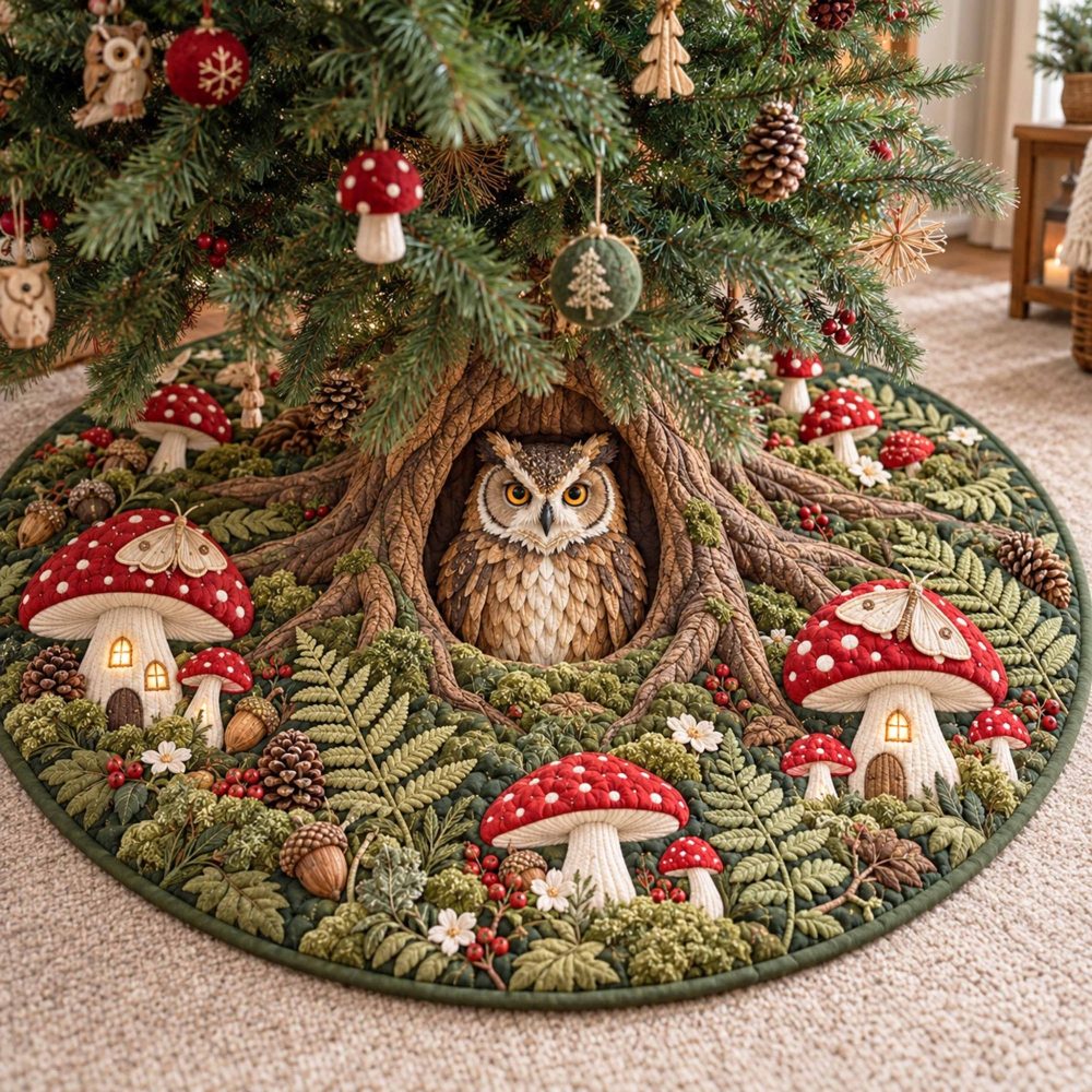Handmade Owl Christmas Tree Skirt - Made-To-Order Rustic Holiday Tree Skirt With Embroidered Owls & Custom Sizes