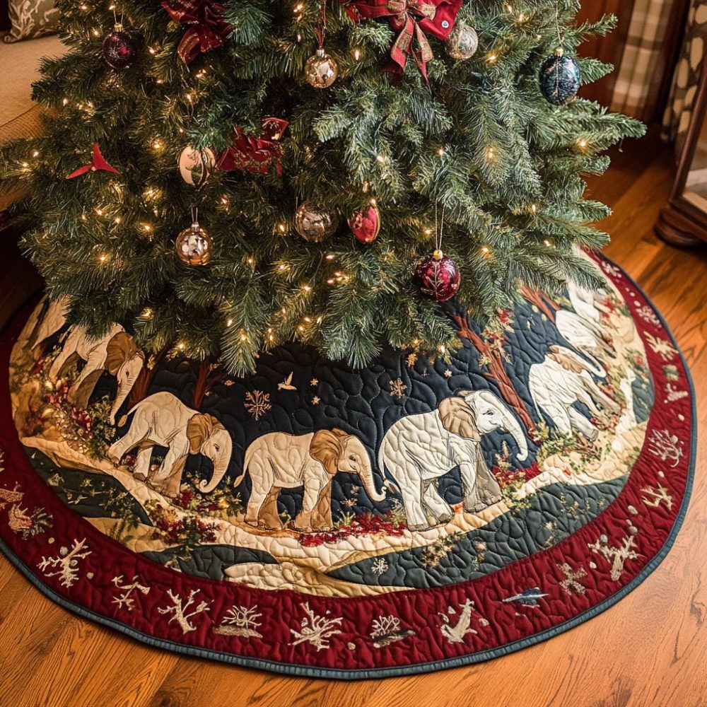 Pachyderm Party Festive Christmas Tree Skirt — Custom Elephant Motif Holiday Skirt, Quilted Handmade Base, Made-To-Order Gift-Ready Décor
