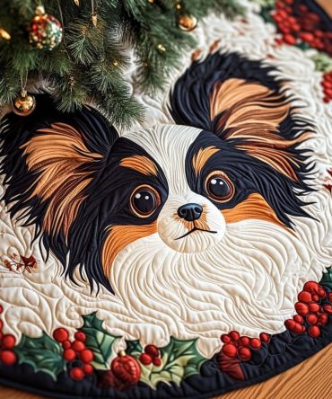 Papillon Among Blossoms Custom Tree Skirt — Handcrafted Butterfly & Floral Holiday Skirt, Quilted, Made-To-Order For Elegant Décor