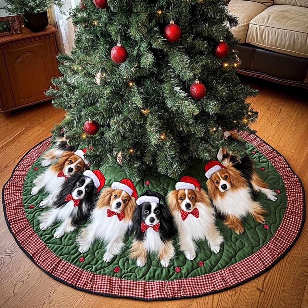 Papillon Christmas Joy Premium Tree Skirt — Custom Butterfly Holiday Skirt, Quilted Festive Base, Handcrafted Made-To-Order Décor
