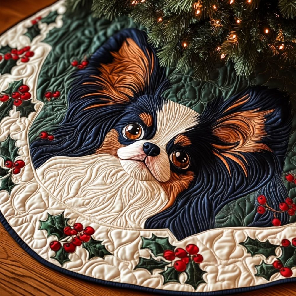 Papillon Dreamscape Handmade Butterfly Christmas Tree Skirt — Custom Quilted Holiday Skirt, Embroidered Luxury Décor, Made-To-Order