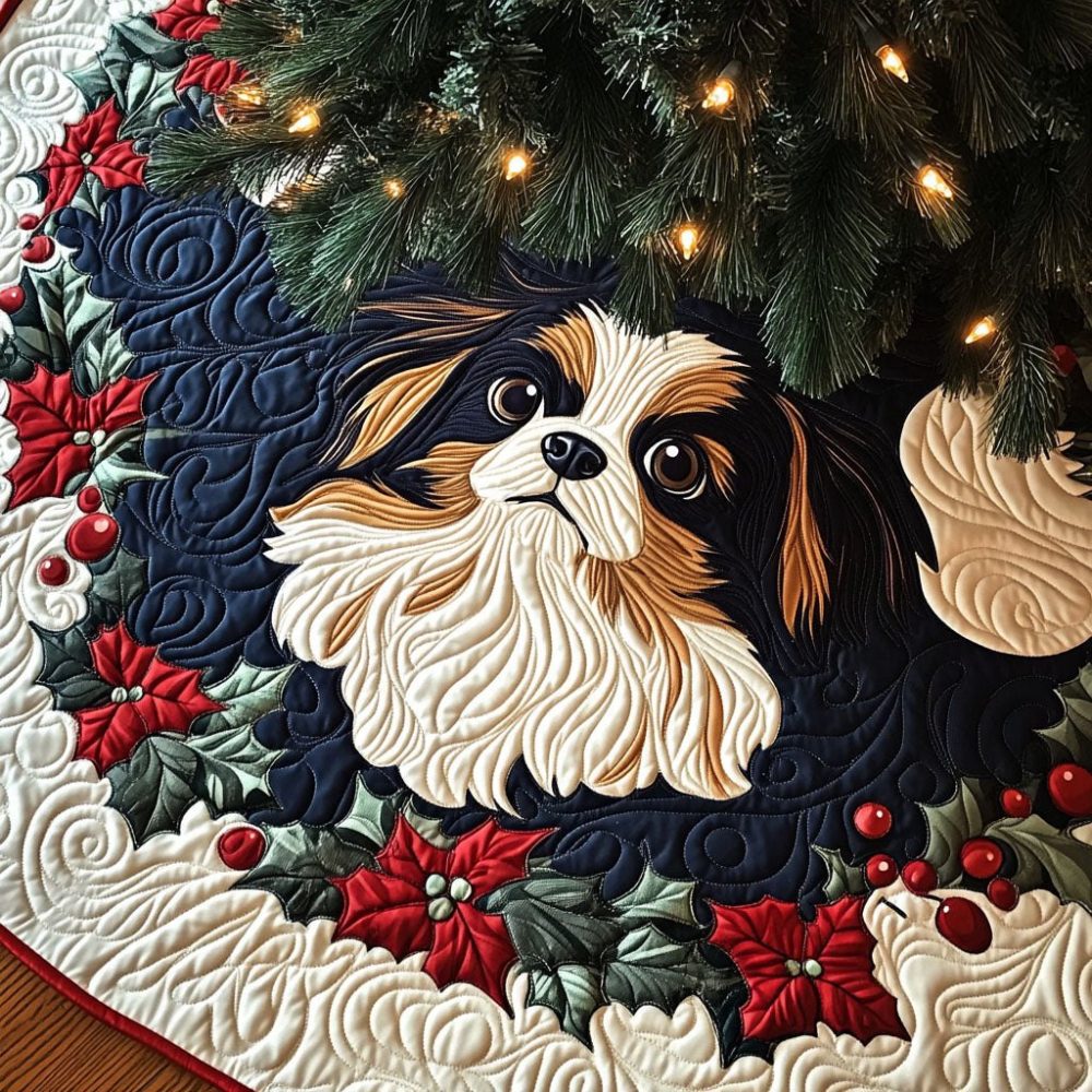 Papillon Garden Stroll Custom Tree Skirt - Handmade Garden Papillon Motif, Elegant Christmas Tree Skirt For Home & Pet-Friendly Holiday Decor