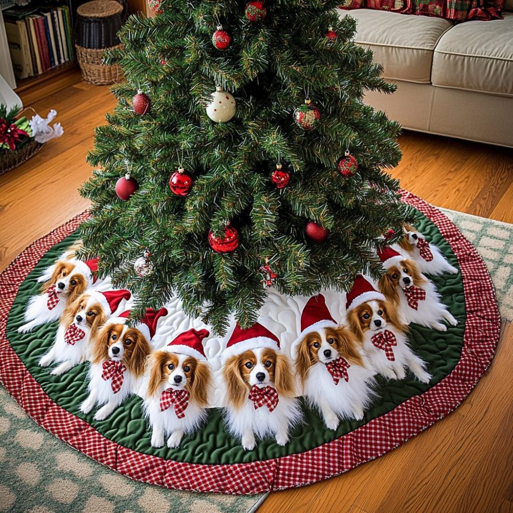 Papillon Holiday Joy Luxury Tree Skirt - Custom Cheerful Papillon Pattern, Handmade Christmas Tree Skirt For Family & Pets