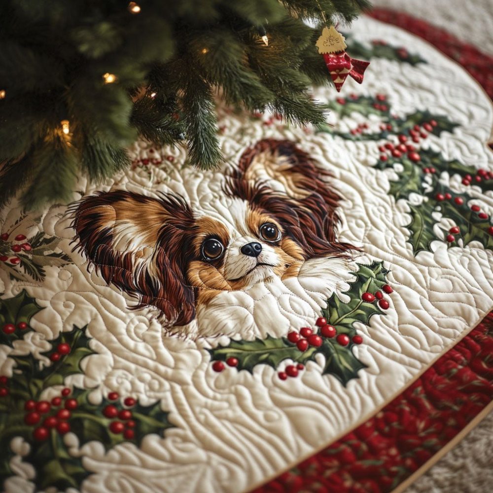 Papillon Playtime Custom Holiday Tree Skirt - Fun Papillon Dog Pattern, Handmade Christmas Tree Skirt For Playful Pet Homes