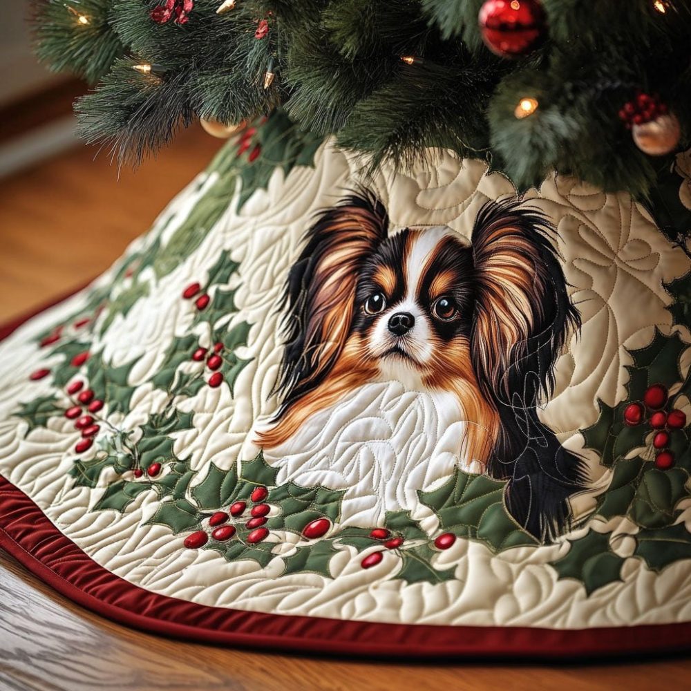 Papillon Radiance Luxe Christmas Tree Skirt - Custom Glitter Papillon Design, Handmade Holiday Tree Skirt For Stylish Homes