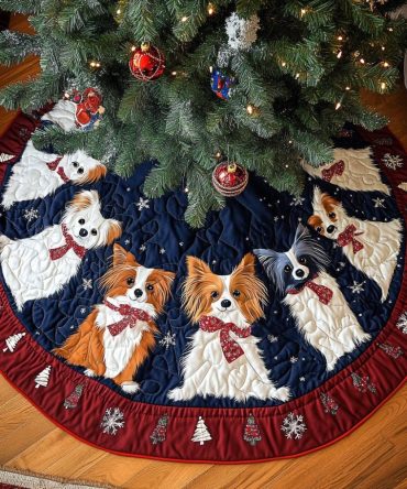 Papillon Xmas Joy Holiday Tree Skirt - Custom Papillon Dog Design, Handmade Christmas Tree Skirt For Pet Lovers