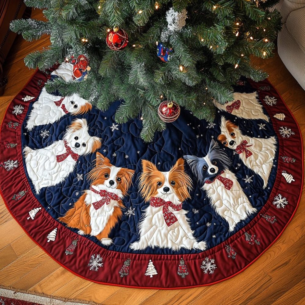 Papillon Xmas Joy Holiday Tree Skirt - Custom Papillon Dog Design, Handmade Christmas Tree Skirt For Pet Lovers