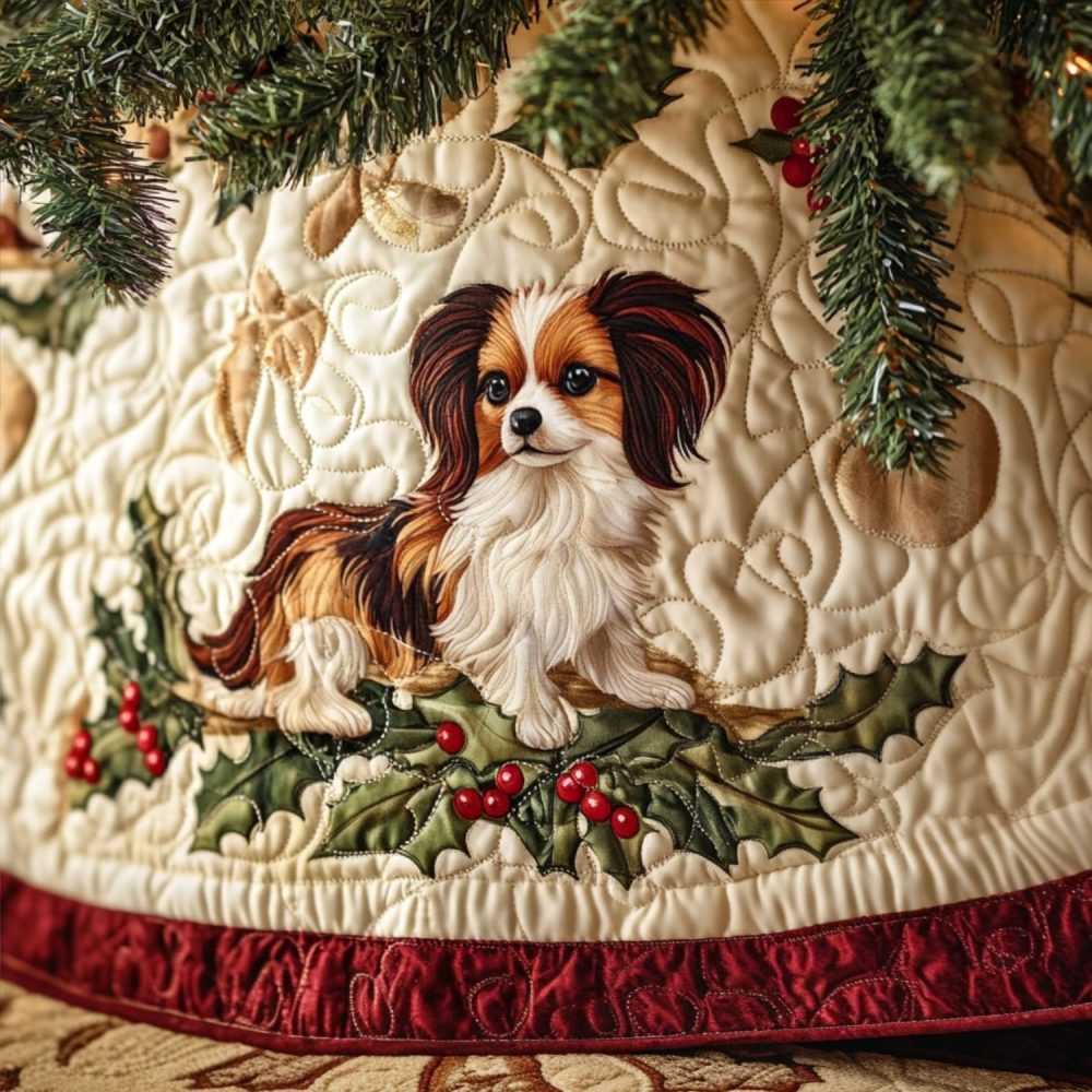 Papillon In The Park Holiday Tree Skirt - Custom Scenic Papillon Design, Premium Handmade Christmas Tree Skirt