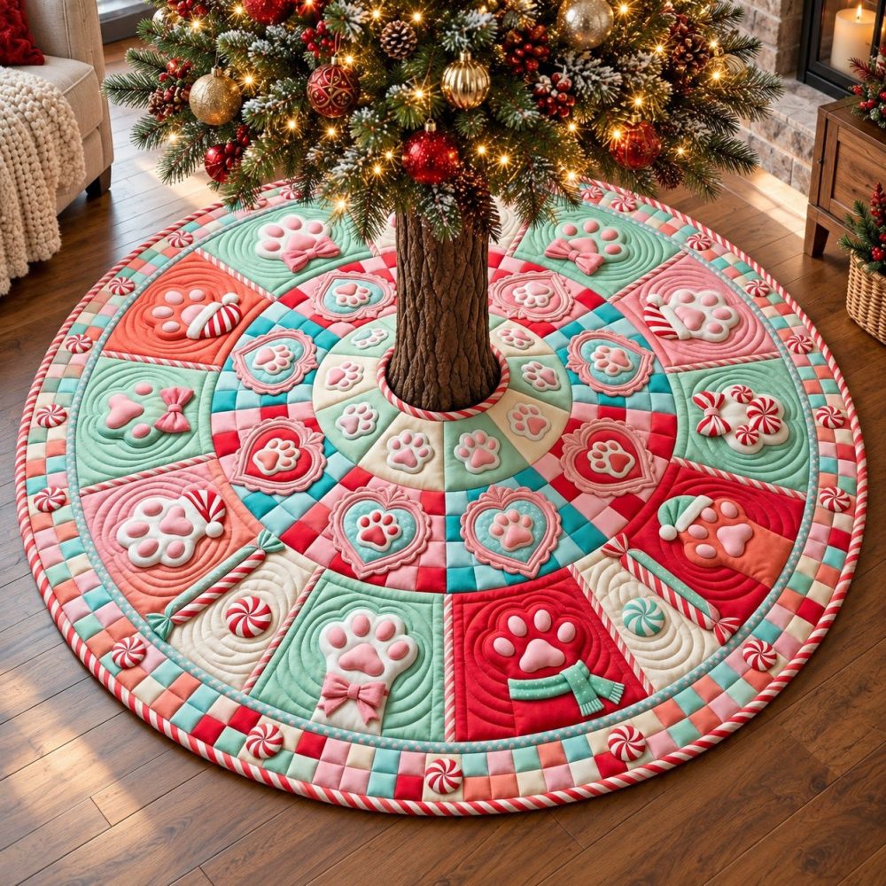 Pastel Candy Paws Tree Skirt — Custom Soft Holiday Tree Base Cover, Handmade Pastel Pet-Themed Christmas Décor, Made-To-Order