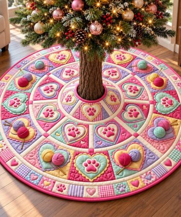 Pastel Yarn Paws Handcrafted Tree Skirt — Custom Soft Christmas Tree Base Cover, Handmade Pastel Pet-Friendly Holiday Accent