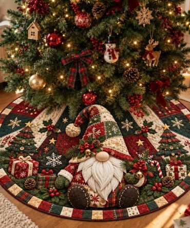 Patchwork Gnome Holiday Tree Skirt — Handmade Quilted Patch Design With Playful Gnomes, Premium Cotton, Custom-Made & Gift-Perfect