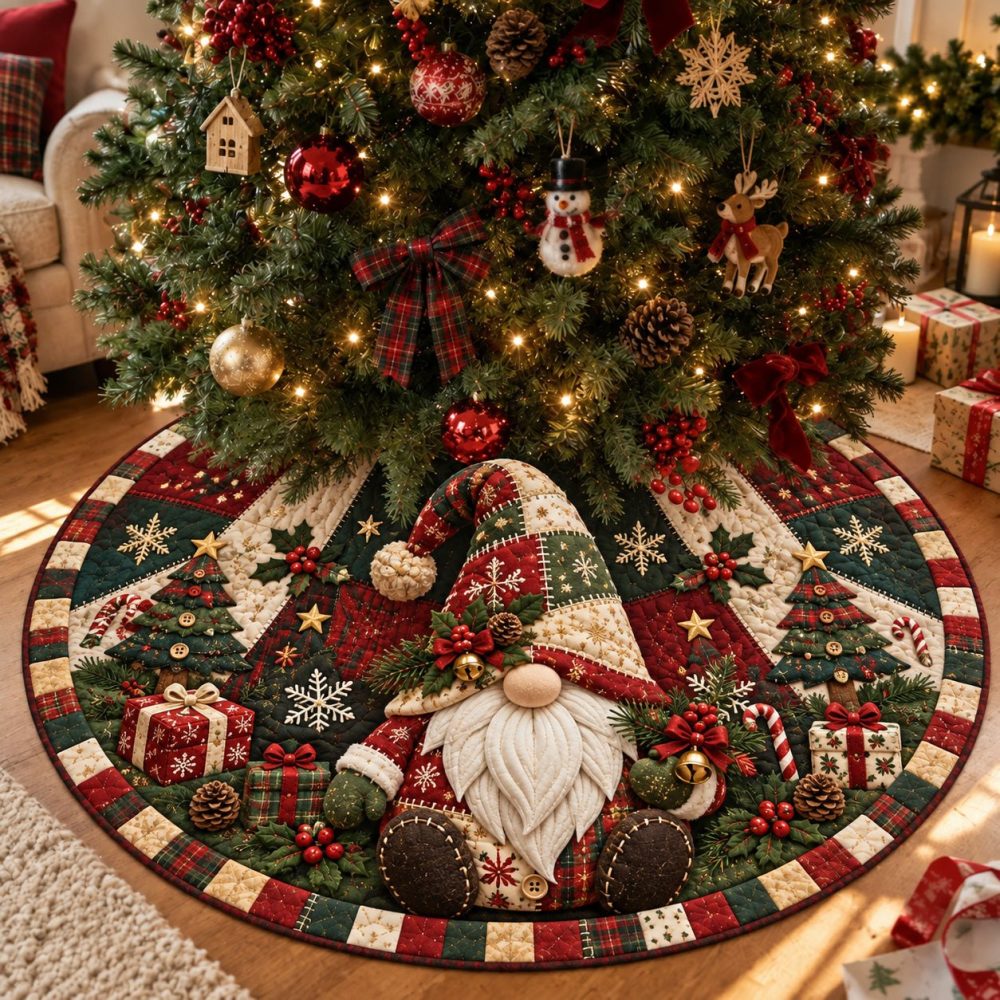 Patchwork Gnome Holiday Tree Skirt — Handmade Quilted Patch Design With Playful Gnomes, Premium Cotton, Custom-Made & Gift-Perfect