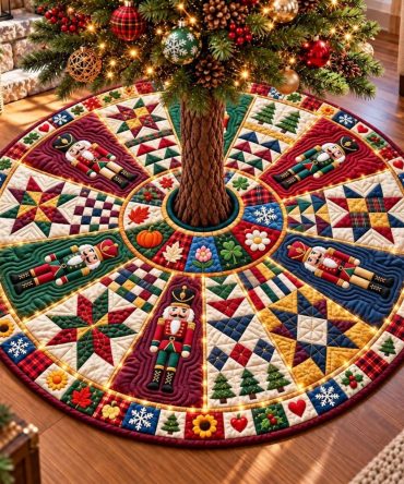 Patchwork Nutcracker Noel Tree Skirt - Custom Quilted Christmas Tree Skirt With Festive Nutcracker & Patchwork Design
