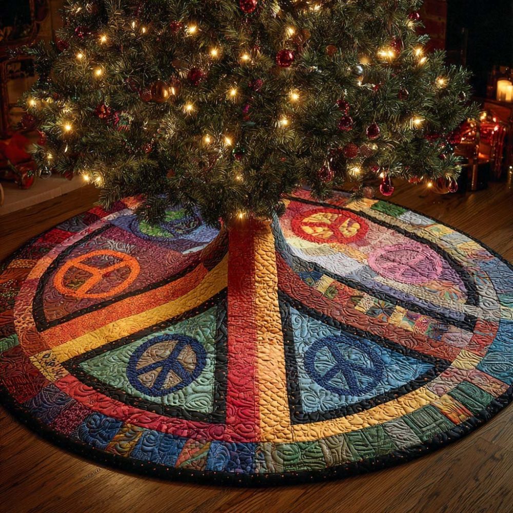 Patchwork Peace Dream Tree Skirt — Cozy Quilted Christmas Tree Skirt, Custom Patchwork Holiday Decor For Living Rooms