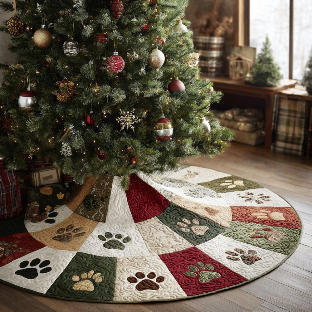 Paw Blessings Holiday Tree Skirt — Sentimental Pet Paw Design, Soft Luxe Fabric, Handcrafted & Customizable For Meaningful Gifts