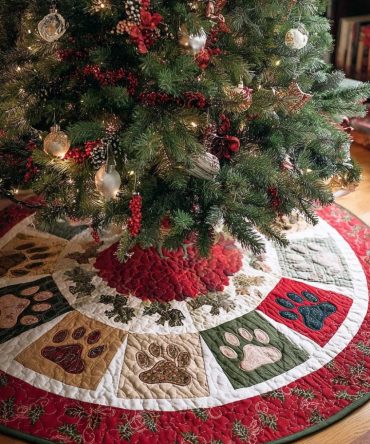 Paw Trails Holiday Tree Skirt — Playful Pawprint Trail Pattern, Soft Cozy Backing, Custom Sizes & Personalized Pet Name Option
