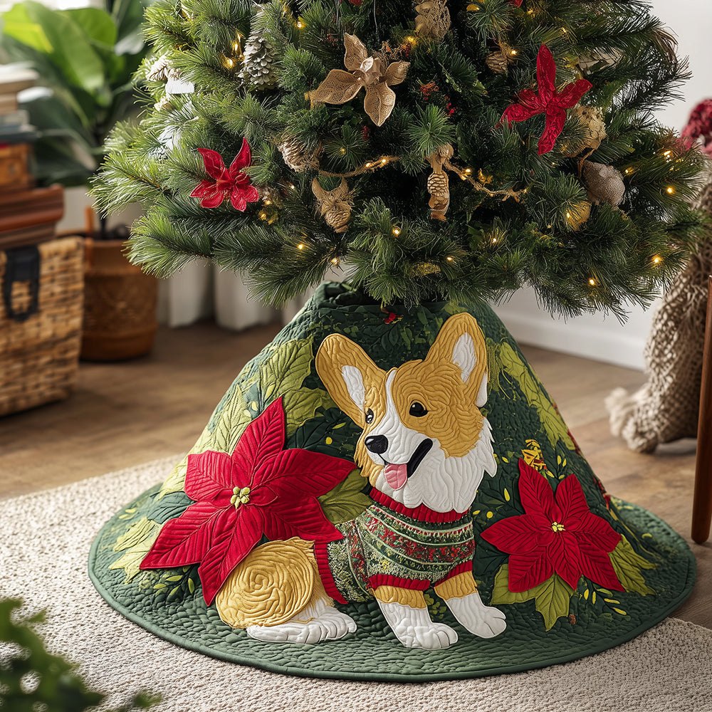 Paws & Poinsettia Holiday Tree Skirt — Festive Pet Paw Pattern With Poinsettia Accents, Handcrafted, Durable & Machine-Washable