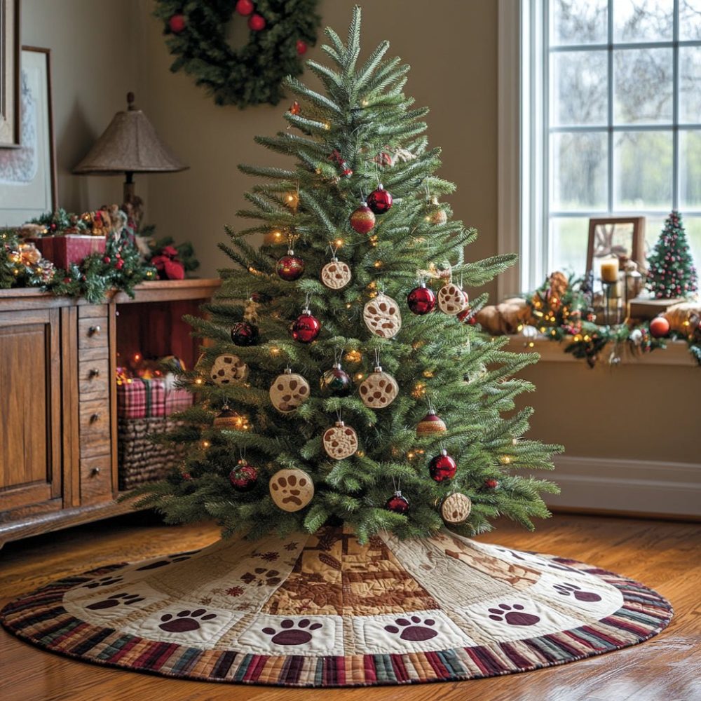 Paws Of Christmas Tree Skirt — Adorable Pawprint Holiday Base, Soft Plush Fabric, Pet-Friendly Design, Custom Size & Personalization