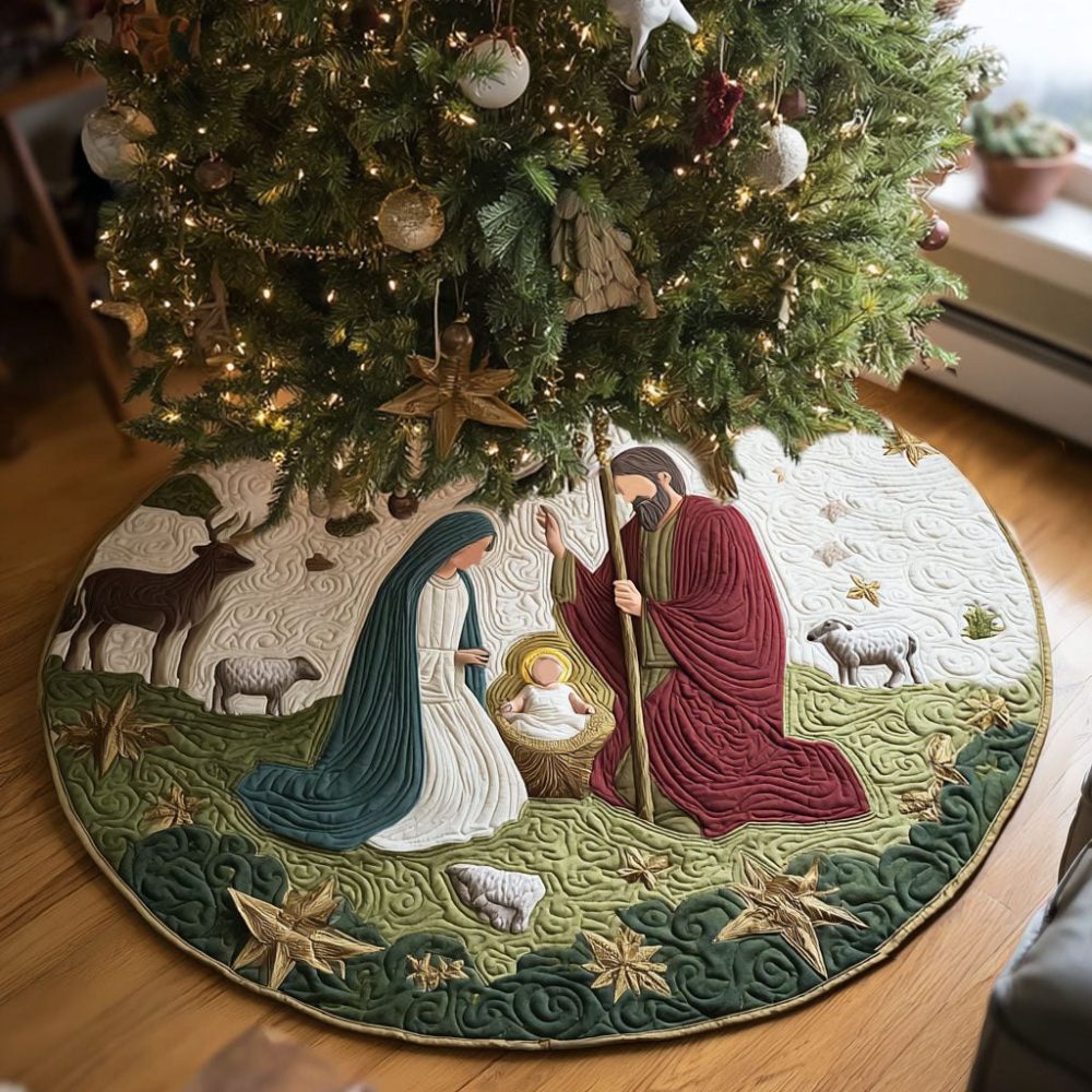 Handcrafted Nativity Christmas Tree Skirt In Forest Green — Soft Holiday Mantle For Manger Scene, Custom Sizes & Gift-Ready
