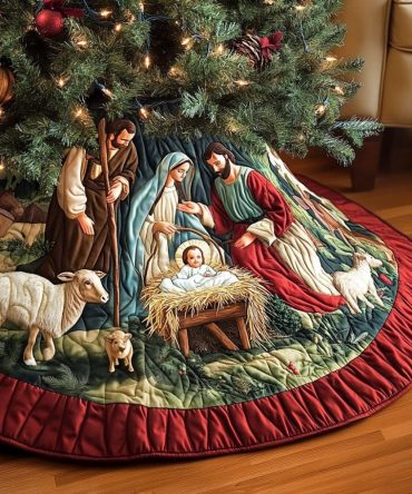 Ruby-Hem Nativity With Sheep Christmas Tree Skirt - Handcrafted Nativity Scene Trimmed In Ruby, Sheep Motif, Premium Linen, Custom Embroidery