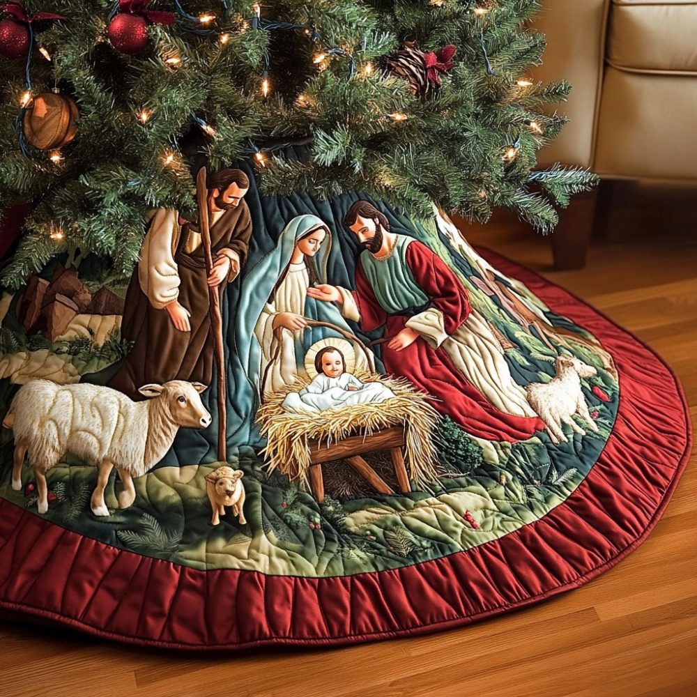 Ruby-Hem Nativity With Sheep Christmas Tree Skirt - Handcrafted Nativity Scene Trimmed In Ruby, Sheep Motif, Premium Linen, Custom Embroidery