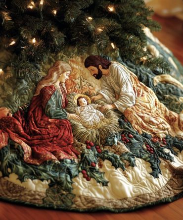 Peaceful Nativity Handcrafted Christmas Tree Skirt - Quiet Nativity Scene Holiday Tree Skirt, Religious Seasonal Decor, Personalized Options